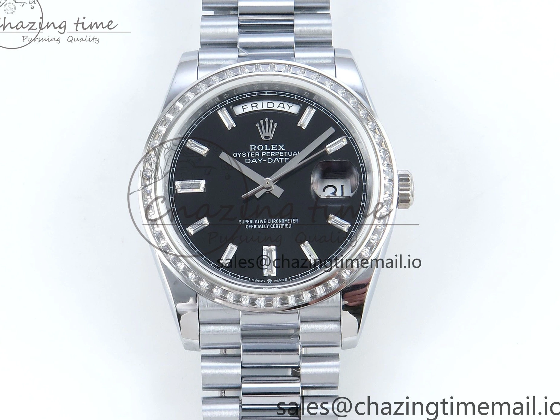 1221 Soft DayDate 40 SS QF 1:1 Best Edition Black Crystal Dial Diamonds Bezel on President Bracelet A2836 V5 (Gain Weight) 477